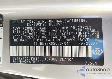 2005 Toyota Camry Le/Xle/Se z USA, uszkodzony, nr VIN 4T1BE32K05U604041